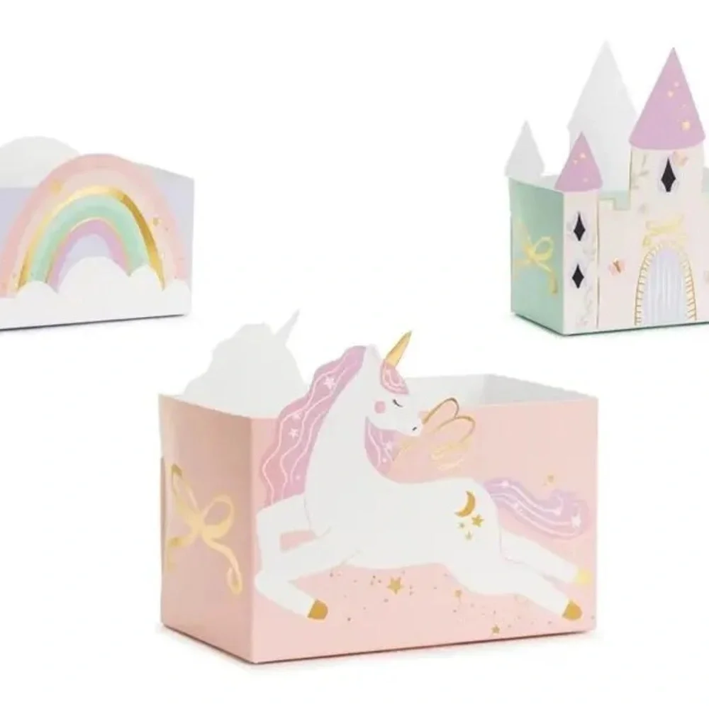 Castle, Unicorn, and Rainbow snack boxes